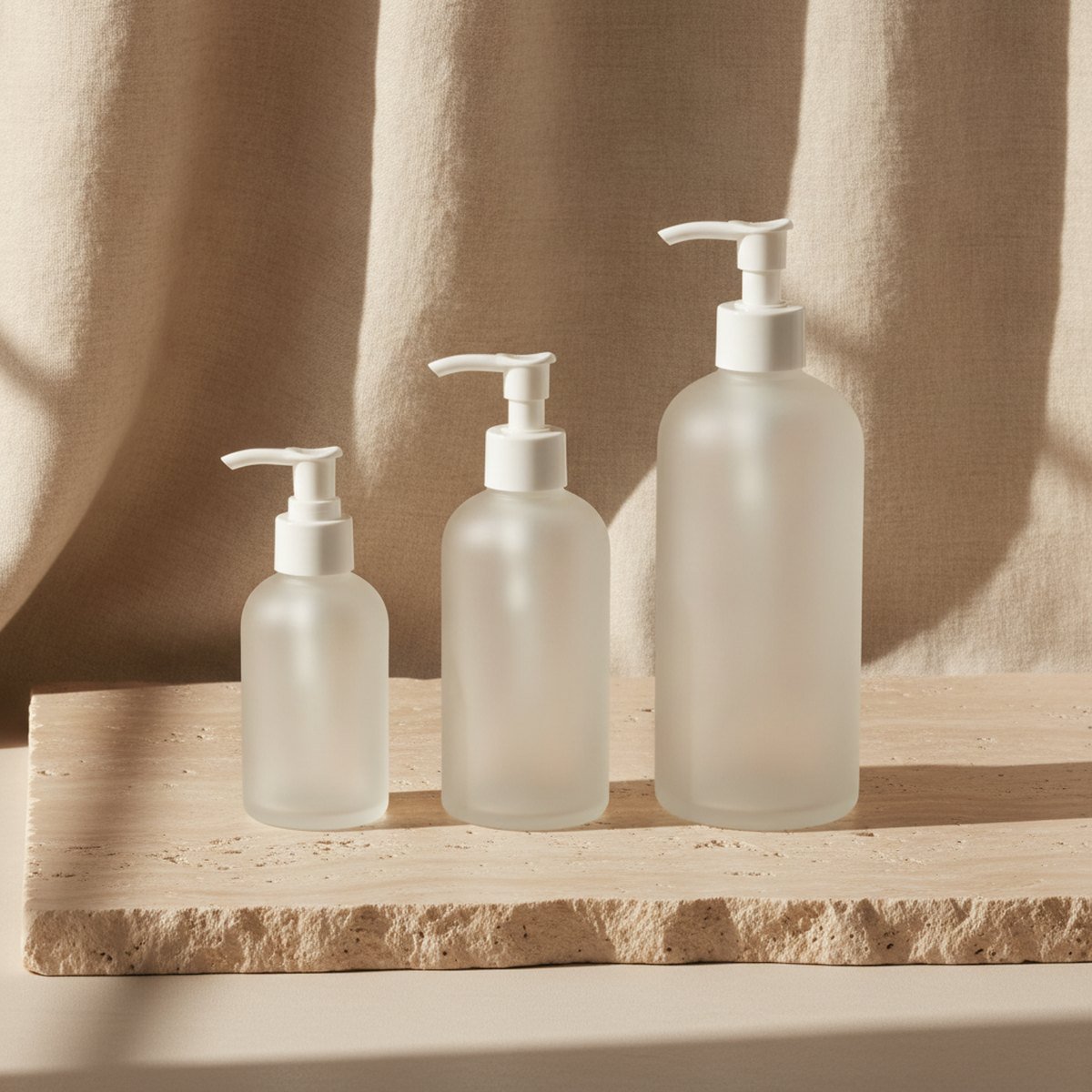 שלושה בקבוקי משאבה חלביים בשלושה גדלים